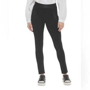 Fashion Women's Faux-Leather-Trim Stretchy Pull On Pants Trousers Black Size S/M